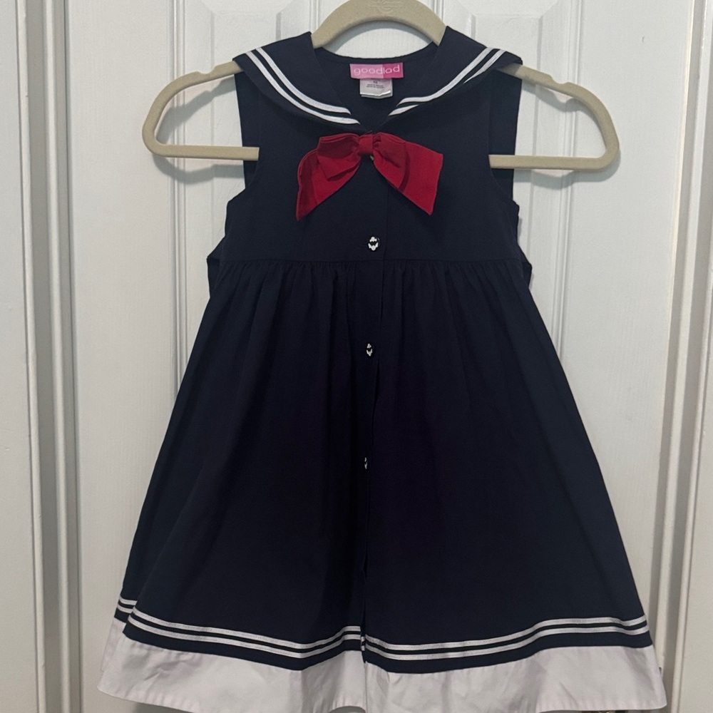 Good Lad Navy Dress with Red Bow and White Trim